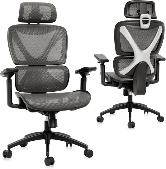 Ergonomic Big and Tall Mesh Office Chair with Lumbar Support, 3D Adjustable Armrests, 215° Rotation, Adjustable Headrest, and Comfortable Seat, Supports Up to 350 lbs, Ideal for Work and Gaming, Grey