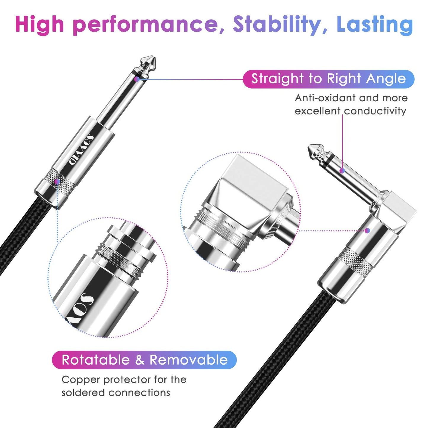 10FT Professional Instrument Cable for Electric Guitar and Bass with Right Angle 1/4 Inch Connector - Black