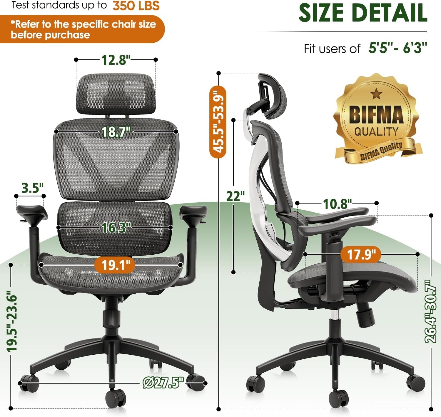 Ergonomic Big and Tall Mesh Office Chair with Lumbar Support, 3D Adjustable Armrests, 215° Rotation, Adjustable Headrest, and Comfortable Seat, Supports Up to 350 lbs, Ideal for Work and Gaming, Grey