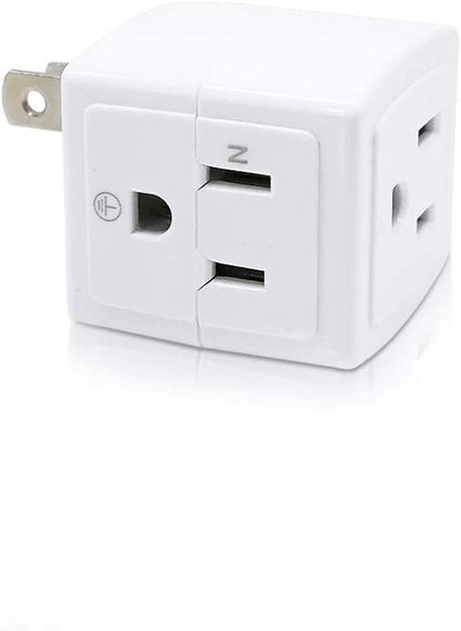 2-Prong to 3-Prong Mini Wall Plug Adapter with Multi Outlet Splitter and 3 Outlets