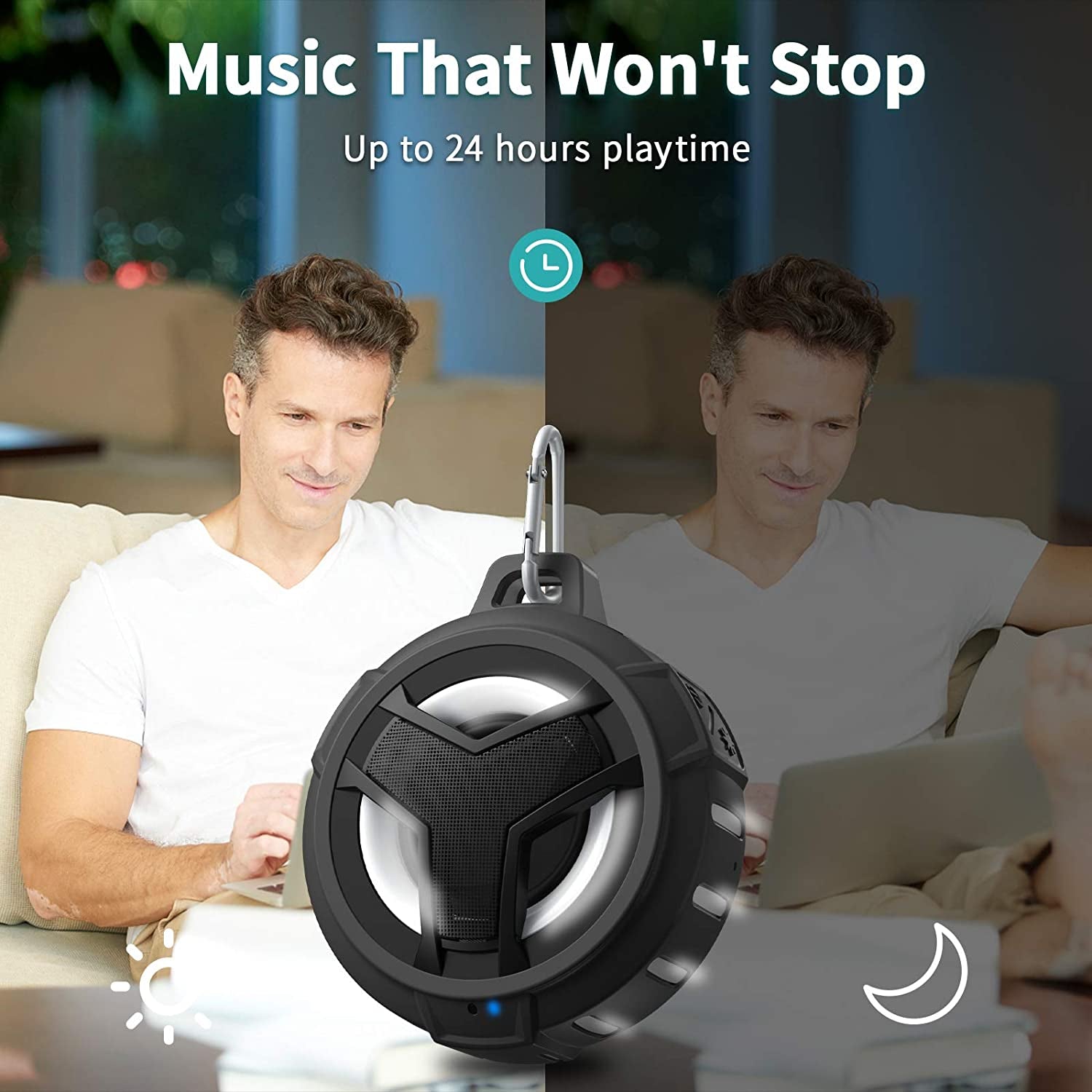 Bluetooth Shower Speaker - Portable IP67 Waterproof Wireless Speaker with LED Light, Floating Design, 2000mAh Battery, True Wireless Stereo for Kayaking and Beach Activities, Unisex Gift - Black
